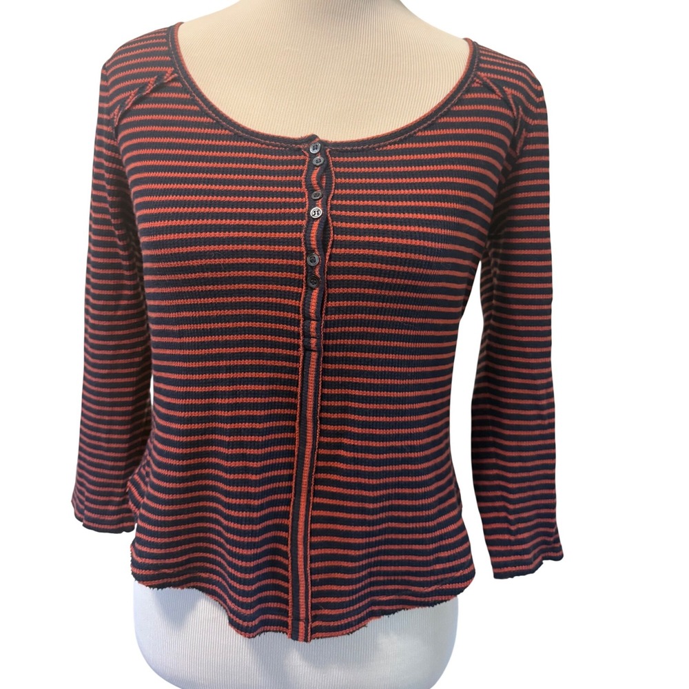 We The Free People Womens Medium Striped Henley Thermal Top Navy Rust Orange